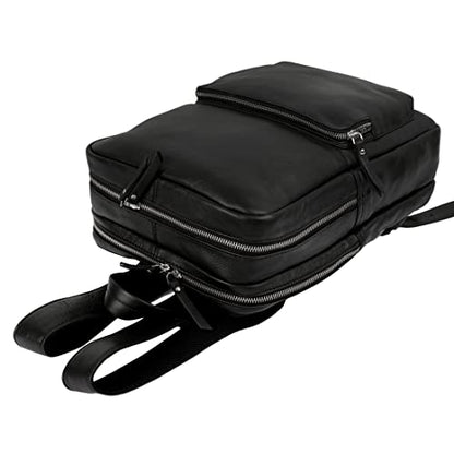 KomalC Leather Backpack for Men & Women – Buffalo Leather Laptop Bag with Trolley Sleeve for Work & Travel (Black) - color: Black