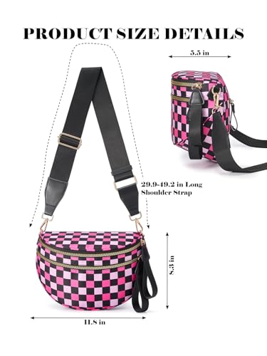 Checkered Crossbody Bag Bum Bag for Women,Spacious Fanny Packs Belt Bag - color: Black Rose Checkered