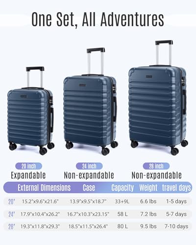 LIGHT FLIGHT 수하물 세트, 스피너 휠이 있는 3피스 슈트케이스 세트, 로열 블루, 스피너 휠이 있는 하드사이드 3피스 수하물 세트 - color: 로열 블루, size: 3-Piece Set-20 Inch/24 Inch/28 Inch