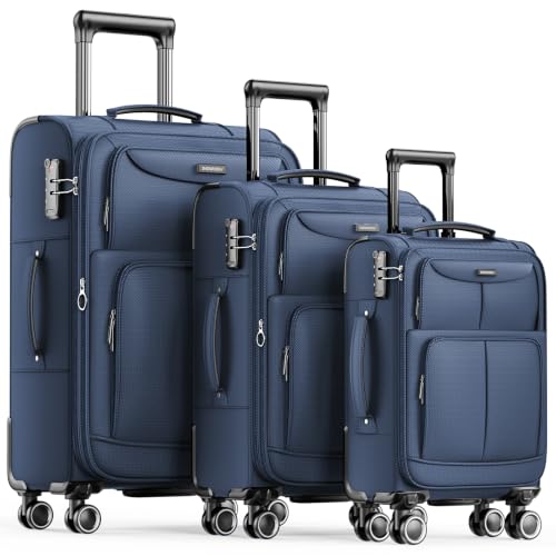 SHOWKOO Luggage Sets 3 Piece Softside Expandable Durable Suitcase Sets - color: Blue