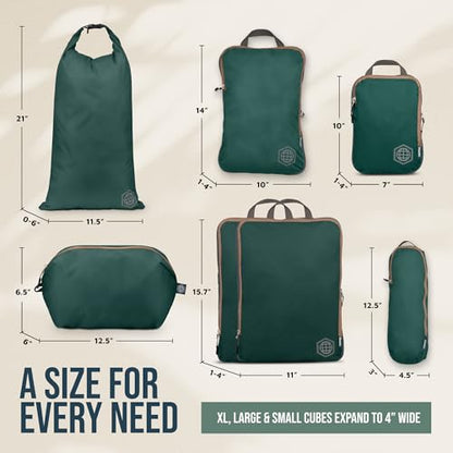 TRIPPED Travel Gear Large Compression Packing Cubes 7-Piece Set for Travel - color: Green and Brown