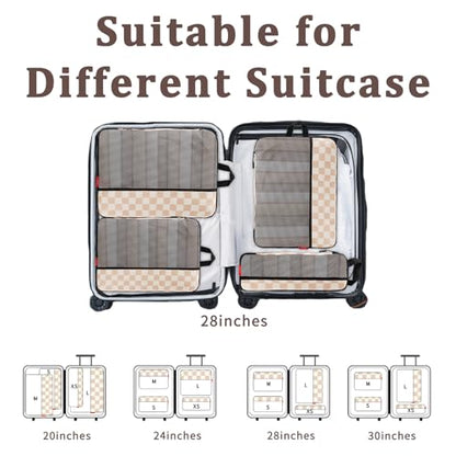 U+U 4 Set Compression Packing Cubes, Travel Organizers (Khaki Checkered) - color: Khaki Checkered, size: 4 Set