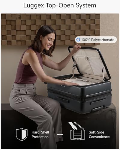 LUGGEX Checked Top Opening Suitcase, Expandable Polycarbonate, Black, 24" - color: Black, size: 24 Inch
