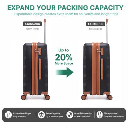 CONCEPTEN Expandable carry on Luggage 3 Piece Suitcases with Spinner Wheels - color: Black, size: 3 Piece