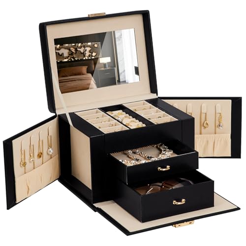 Homde Lockable Jewelry Box for Girl: 3-Layer Safe Organizer with Key - color: Black
