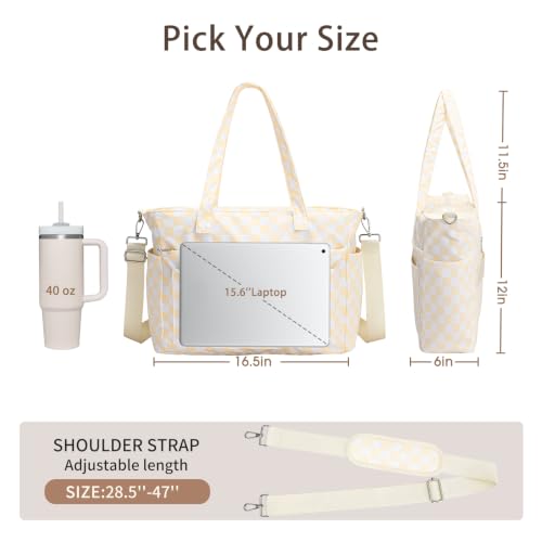 oscaurt Work Tote Bag for Women, 19 Pockets Laptop Tote, Large Teacher Tote - color: Beige Checkered