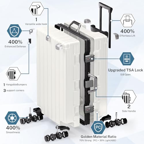 Krute Zipperless Luggage 28inch Checked Hard Shell Suitcases with Wheels - color: White, size: Large (28 Inch)