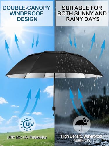 Kalolary 55/62 Inch Large Golf Umbrella UV Protection Compact Umbrella - color: Black-Silver