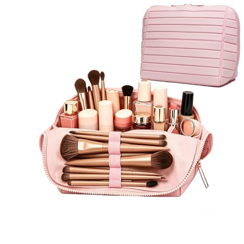 Travel parallel vertical Makeup Bag with Fold-Down Design and Adjustable Dividers,upright Cosmetic Toiletry Bags Pink