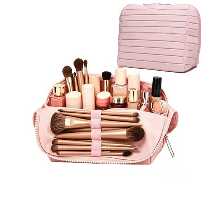 Travel parallel vertical Makeup Bag with Fold-Down Design and Adjustable Dividers,upright Cosmetic Toiletry Bags Pink