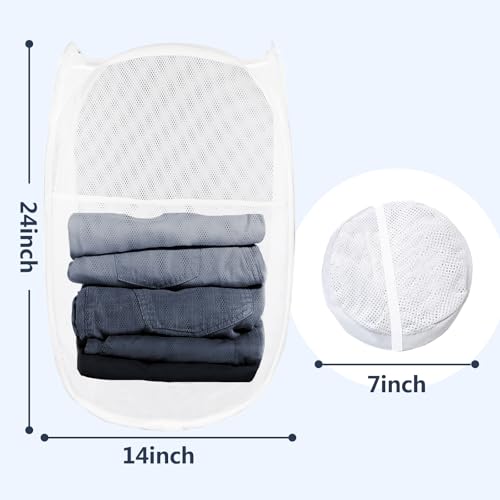 Pop Up Laundry Hamper, Mesh Laundry Basket Collapsible, Foldable Hamper for Travel and Storage (White) - color: White