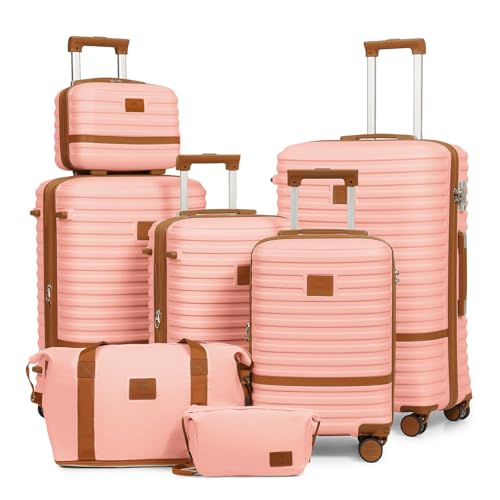 Joyway Luggage Set 7 Piece Suitcase Sets with Spinner Wheel,Hardside Expandable Travel Laggage with TSA Lock(18/20/24/28 Pink) - color: Pink brown, size: 7 Piece Set (18/20/24/28 Inch)