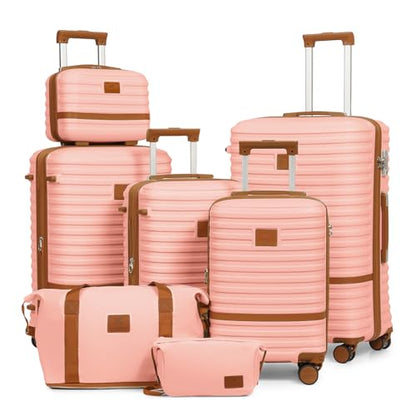Joyway Luggage Set 7 Piece Suitcase Sets with Spinner Wheel,Hardside Expandable Travel Laggage with TSA Lock(18/20/24/28 Pink) - color: Pink brown, size: 7 Piece Set (18/20/24/28 Inch)