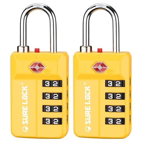 SURE LOCK TSA-Approved 4-Digit Resettable Combination Lock with Open Alert, Easy-Read Dials - for Luggage, School Lockers, Gym, Office, Toolbox & Security Cases (Yellow 2 Pack) - color: 17021YELLOW2