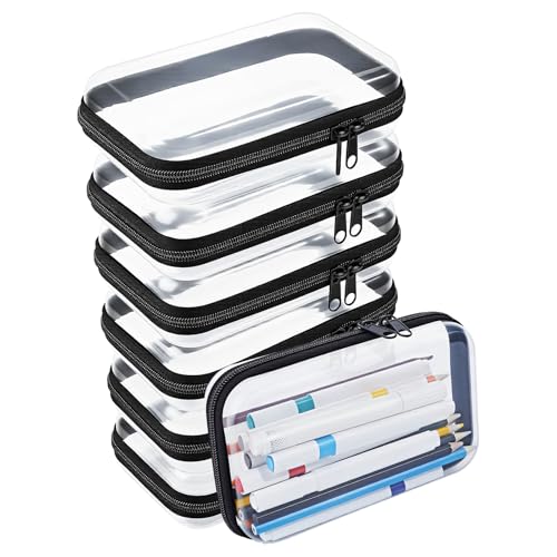 6PCS Clear Hard Shell Zipper Case Plastic Clear Pencil Case Hard Shell Zipper Pouch for Stationery Travel Toiletry Makeup Cosmetics Organizer Storage Box, Black - style: Black