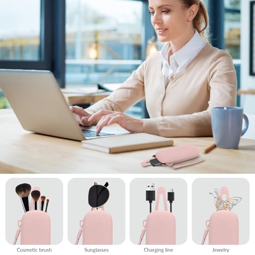 2 Pack Silicone Magnetic Sunglasses Pouch，Portable Makeup Brush Bag with Lanyard， 7.08 * 2.75 Inch (Pink) - color: Pink