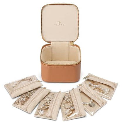 VLANDO Travel Jewelry Organizer with 6 Clear Velvet Zipper Pouches,Brown - color: E.6 PCS Brown