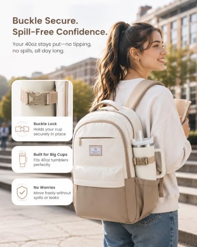 LOVEVOOK Laptop Backpack for Women & Teens, College Bag/40oz Cup Buckle - color: Khaki/Cream, size: 15.6inch