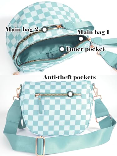 Checkered Crossbody Bag Bum Bag for Women,Spacious Fanny Packs Belt Bag | Stylish and Versatile,football mom essentials,Checkered Purse,mom bag,crescent bag,over the shoulder bags for women - color: Ice-Blue Checkered