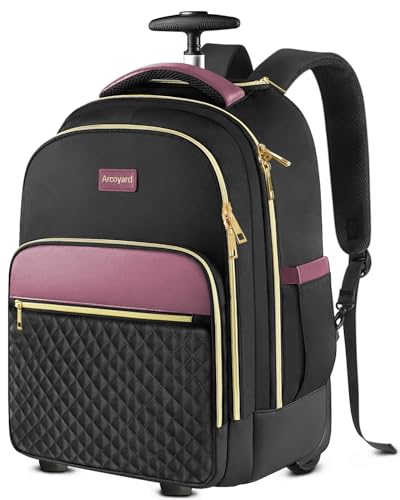 Arcoyard Rolling Backpack for Women, 17.3 Inch Travel Backpack with Wheels - color: Black Purple, size: 17.3-inch