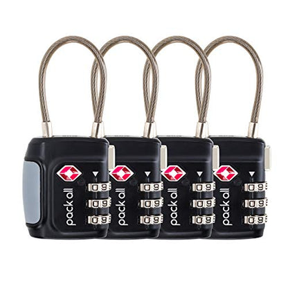 pack all TSA Approved Travel Luggage Locks, Resettable 3-Digit Code | Flexible Steel Cable, Zinc Alloy Body, Clear Number Dials, For Suitcase, Toolbox, Backpack, 4 Pack