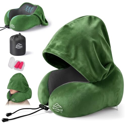 SkytraxComf® Travel Neck Pillow with Hood for Privacy on Long Flights - color: Olive