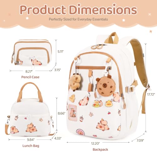 DIGOBAY Backpack for Girls, 5PCS School Bookbag with Lunch Box Pencil Case - color: White Brown