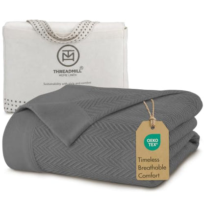 Threadmill Luxury 100% Cotton King Herringbone Blanket, Dark Grey - color: Dark Grey, size: King (106" x 92")
