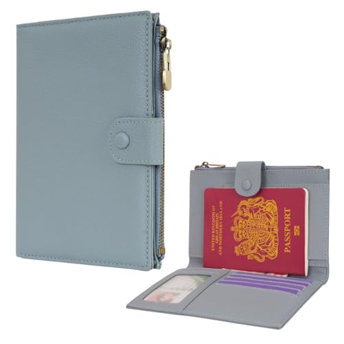 Leather Passport Cover Wallet Travel Essentials Holder with Zipper Pocket - color: Light Blue