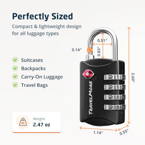 TravelMore 수하물 자물쇠 TSA 승인, 4자리 여행용 콤비네이션 자물쇠 - color: 블랙., size: 3개