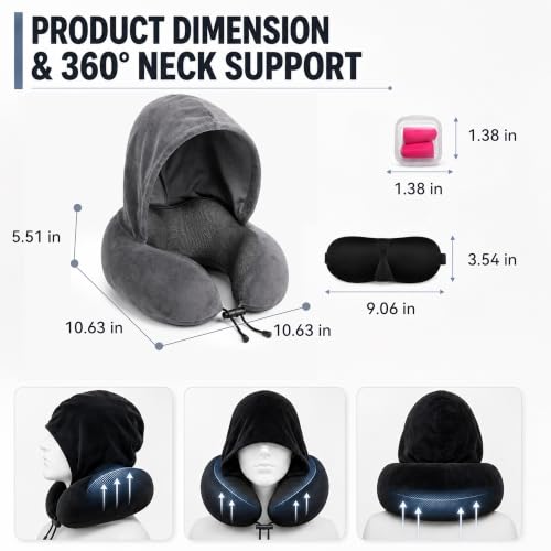 Travel Neck pillow for Airplane, with Large Hood Eye Mask Earplug and Bag - color: Grey