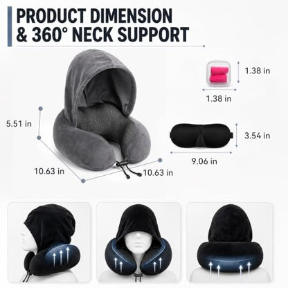 Travel Neck pillow for Airplane, with Large Hood Eye Mask Earplug and Bag - color: Grey