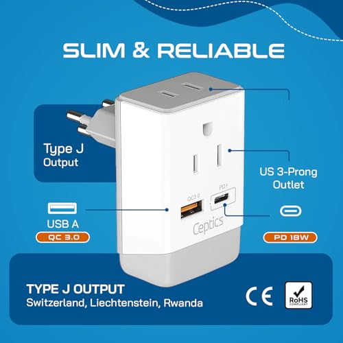 Ceptics Switzerland Plug Adapter, Travel with QC 3.0 & PD, Safe Dual USB & USB-C - 2 USA Socket Compact & Powerful - Quick Charge 3.0 & Power Delivery - Type J AP-11A - Fast Charging - size: 1 Pack, style: Type J - PD 20W USB-C