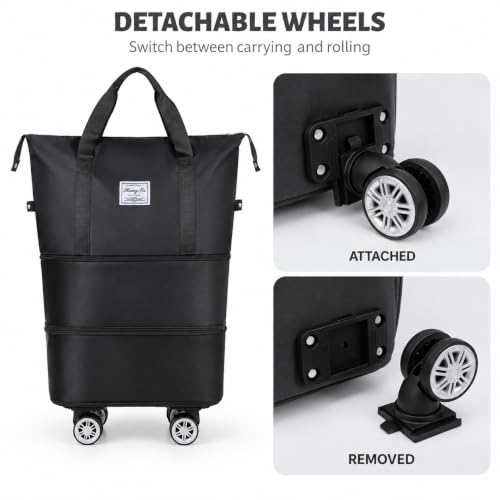 Expandable Rolling Travel Bag with Detachable Wheels,Black - color: Black