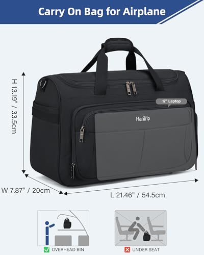 HanTrip 21 Inch Carry On Duffel Bag Foldable Overnight Tote Bags, Black - color: Black, size: Carry-on 21.5-Inch
