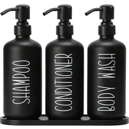 MOMEEMO Reusable Shampoo and Conditioner Bottles with Tray, Black - color: Black Black