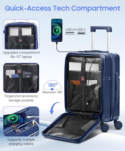 Hard Shell Luggage Set 4 Piece with Spinner Wheels, 20/24/28 Inch Suitcases with TSA Lock, 20in Carry On with Front Laptop Pocket & USB Port, Travel Suitcase Set with Cosmetic Case - color: Blue, size: 4-Piece Set (13/20/24/28)