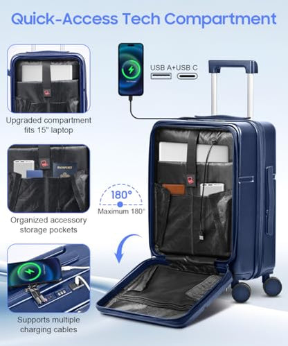 Hard Shell Luggage Set 4 Piece with Spinner Wheels, 20/24/28 Inch Suitcases with TSA Lock, 20in Carry On with Front Laptop Pocket & USB Port, Travel Suitcase Set with Cosmetic Case - color: Blue, size: 4-Piece Set (13/20/24/28)