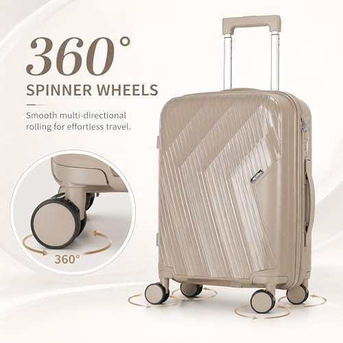 20” Carry On Luggage with TSA Lock, Airline Approved 22x14x9 Hardside Suitcase, Lightweight PP Rolling Travel Luggage with Silent Spinner Wheels and Anti-Burst Zipper (Khaki Diagonal Stripe) - color: Khaki Diagonal Stripe