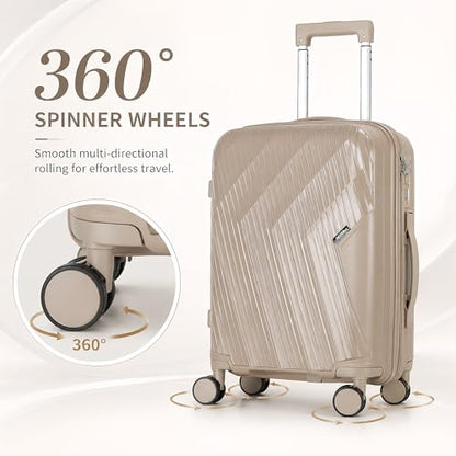 20” Carry On Luggage with TSA Lock, Airline Approved 22x14x9 Hardside Suitcase, Lightweight PP Rolling Travel Luggage with Silent Spinner Wheels and Anti-Burst Zipper (Khaki Diagonal Stripe) - color: Khaki Diagonal Stripe