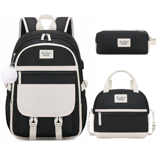 Bevalsa Backpack for Girls, 3PCS School Backpacks with Lunch Box | Pencil Pouch for Teens Girl Kids Elementary Middle High School College Student Bookbag Daypack - color: Black Beige, size: 15.6 inch