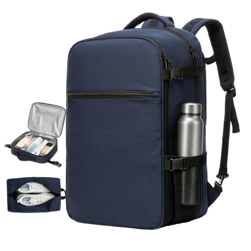 40L Carry On Travel Backpack for Men Women, 180° Lay-Flat Design, Wet-Dry Pouch & Shoe Bag, Water-Resistant Laptop Backpack for Business Trips and Weekends, Fits Up to 18.5-Inch Laptop - color: Blue