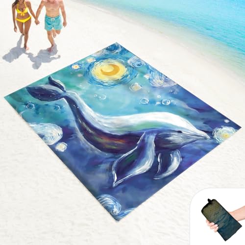 Beach Blanket Waterproof Sandproof Large 100x80in with Mesh Bag - color: Watercolor Dolphin
