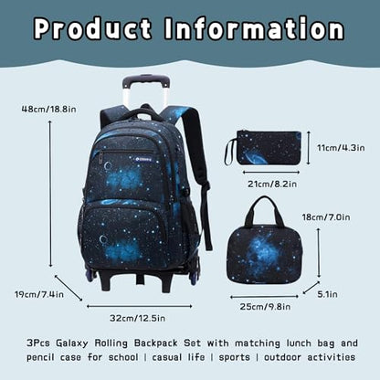 3Pcs Black Galaxy Boys Rolling Backpack Set with Insulated Lunch Bag, Multi-Pocket Trolley Elementary Bookbags School Bags on 6 Wheels - color: 3pcs-style B-galaxy-black