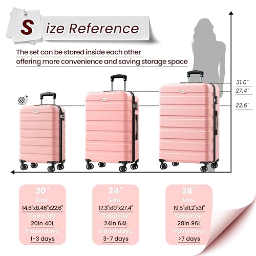 AnyZip Luggage Sets 3 Piece Hardshell Suitcase Set PC ABS Lightweight Travel Suitcases with 4 Double Spinner Wheels TSA Lock 20 24 28 Inch Pink - color: Pink, size: 3 piece set (20/24/28)