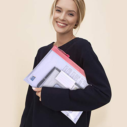Wisdompro Zipper Pouch, 4 Pack Waterproof Mesh File Bag, Document Organizer - color: Blue/Purple/Yellow/Pink