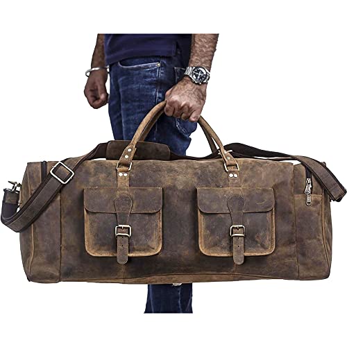 KomalC 24 Inch Leather Travel Duffle Bag, Gym Sports Cabin Holdall - color: Distressed Brown, size: 24 Inches