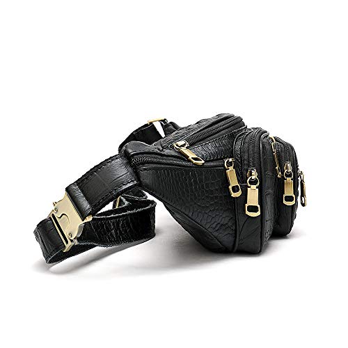 Genuine Leather Fanny Pack large capacity Crossbody Waist Bag with Zipper phone Pockets crocodile black - color: Black Croco