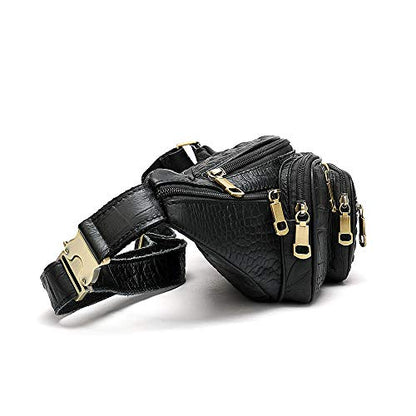 Genuine Leather Fanny Pack large capacity Crossbody Waist Bag with Zipper phone Pockets crocodile black - color: Black Croco