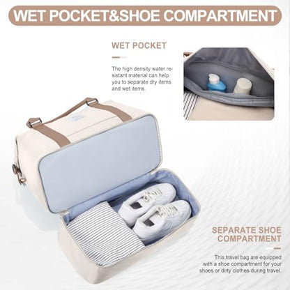 Weekender Bags for Women,Travel Duffle Overnight Bag with Shoe Compartment - color: Beige & Brown-3Pcs, size: Large